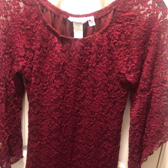 Maroon Lace, Size Med Dress, asymmetrical slv - Picture 6 of 8
